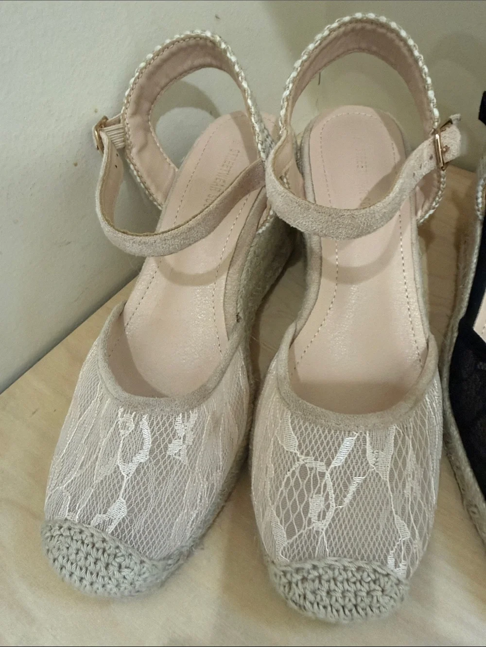 Charles & Keith Lace Espadrille Slingbacks in Beige and Black